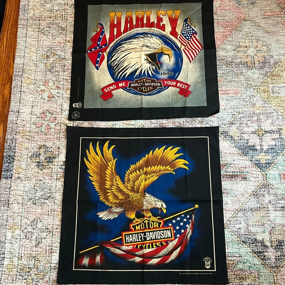 VTG Harley-Davidson Graphic Square Bandanas Eagle American Flags~Set of 2~Unisex